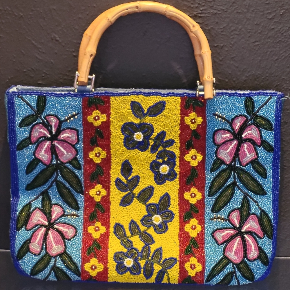 Handmade beaded tote with bamboo handles